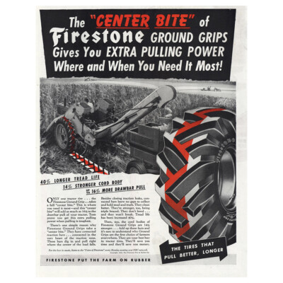 1945 Firestone Ground Grips Tires: The Center Bite Vintage Print Ad