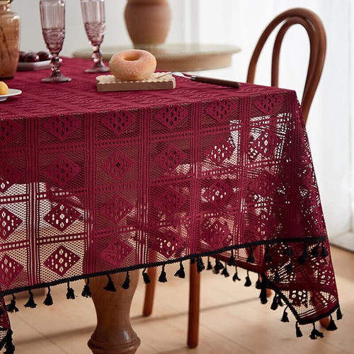 Vintage Burgundy Hand Crochet Lace Tablecloth Table Cover Wedding Party Decor - Picture 6 of 20