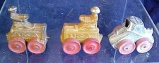 3 Vintage Manoil Military Army Tank Hollow Cast Toy Brown Paint Red Wood Wheels