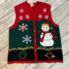 Festive Holiday Sweater Vest SZ Large Snowman Ugly Sweater Button Close