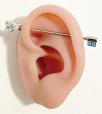 BLUE GEMS CZs KEY INDUSTRIAL BARBELL 316L Surgical Steel 14g 1-1/2" Length.