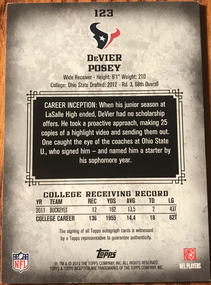 2012 Topps Inception Rookie Autograph DeVier Posey #123 Houston Texans - Image 2 of 2