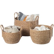 Decorative Round Wicker Woven Rope Storage Blanket Basket with Braided Handles