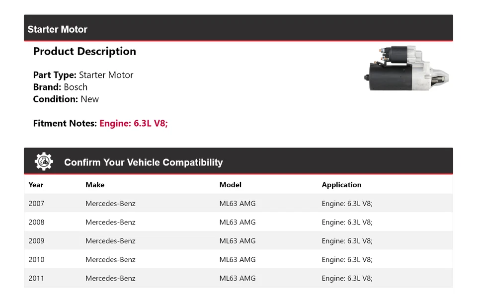 Para 2007-2011 Mercedes ML63 AMG 6.3L V8 Bosch Starter (Novo) 2008 2009 2010 - Imagem 2 de 4