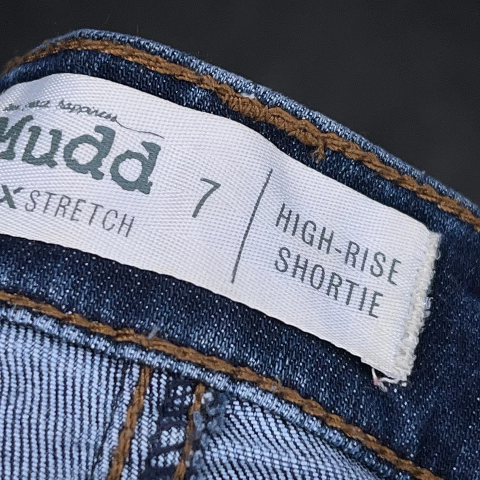 Mudd Mujer Alto Tiro Desgastado Corte Pantalones Cortos Junior Talla 7 Elástico Denim Oscuro Foto 3 de 4