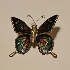 Vintage Blue Green Glitter Gold Tone Monarch Butterfly Pin Brooch