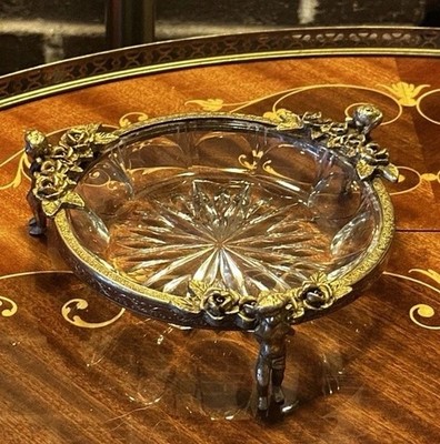 Vintage Hollywood Regency Cherub Baby Glass Dish 6'' Decorative Bowl