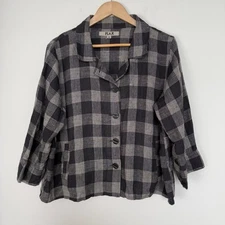Flax Linen Plaid Button Down Shacket Womens Size Medium Sustainable Neutral