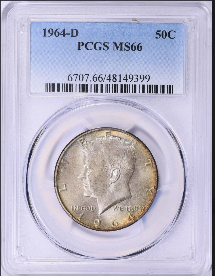 Magnífica moneda de medio dólar Kennedy 1964-D de plata graduación profesional MS-66 (tonificada) de Estados Unidos | Foto 3 de 4