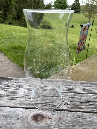 Vtg Glass Hurricane 11.5" Etched Floral & Leaf 4.5" openings