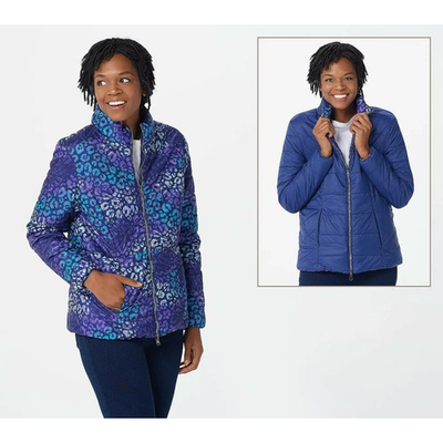 #ad Attitudes by Renee Reversible Packable Puffer Jacket XXS Purple Blue QVC NWT $25.00