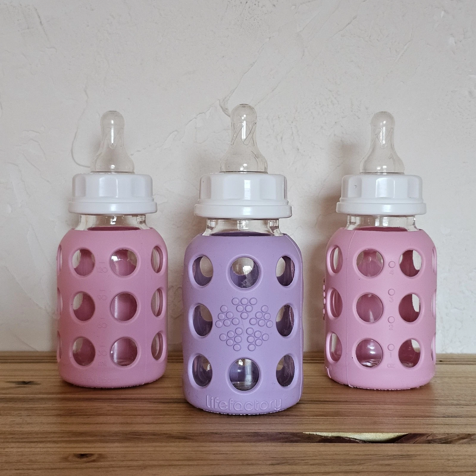 Lifefactory 4oz Glass Baby Bottles Set of 3 Pink & Purple Silicone Sleeved