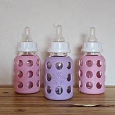 Lifefactory 4oz Glass Baby Bottles Set of 3 Pink  Purple Silicone Sleeved