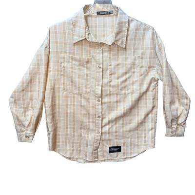 Missguided Jordan Lipscombe Plaid Button Down Shirt Tan White US Sz 0 Streetwear