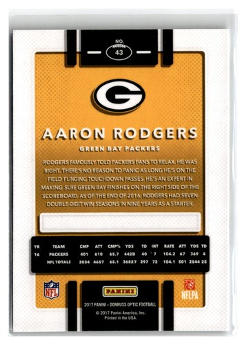 2017 Donruss Optic #43 Aaron Rodgers Green Bay Packers 202320 - Picture 2 of 2
