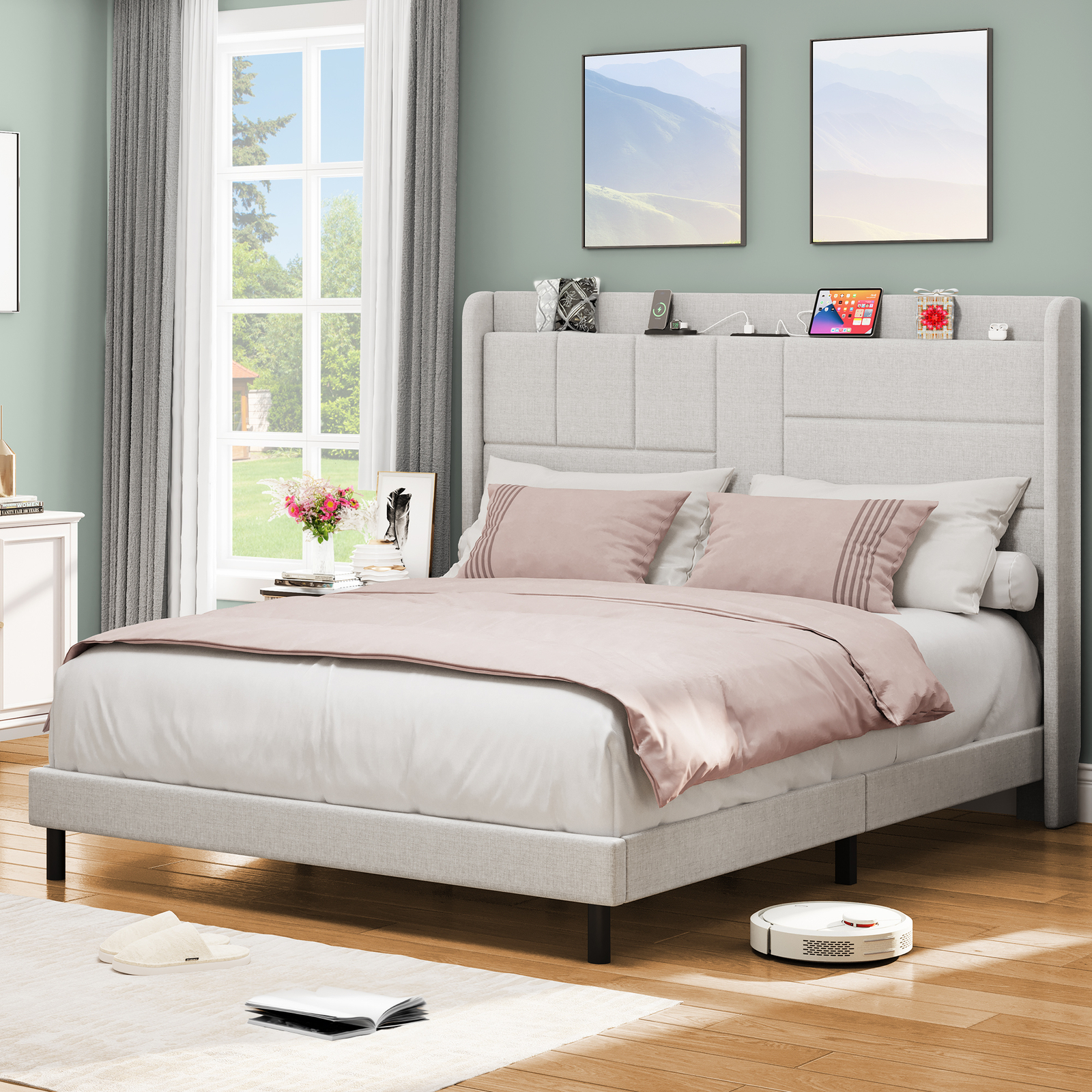 Bed Frame Queen Size Tall Headboard Upholstered Platform w/ Charging Station-image