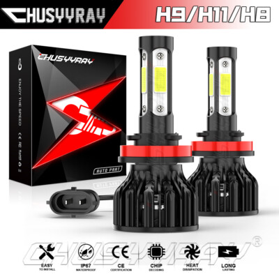 4-Side H11 H8 H9 LED Headlight Bulbs Kit HIGH/LOW BEAM 6000K Super Bright White
