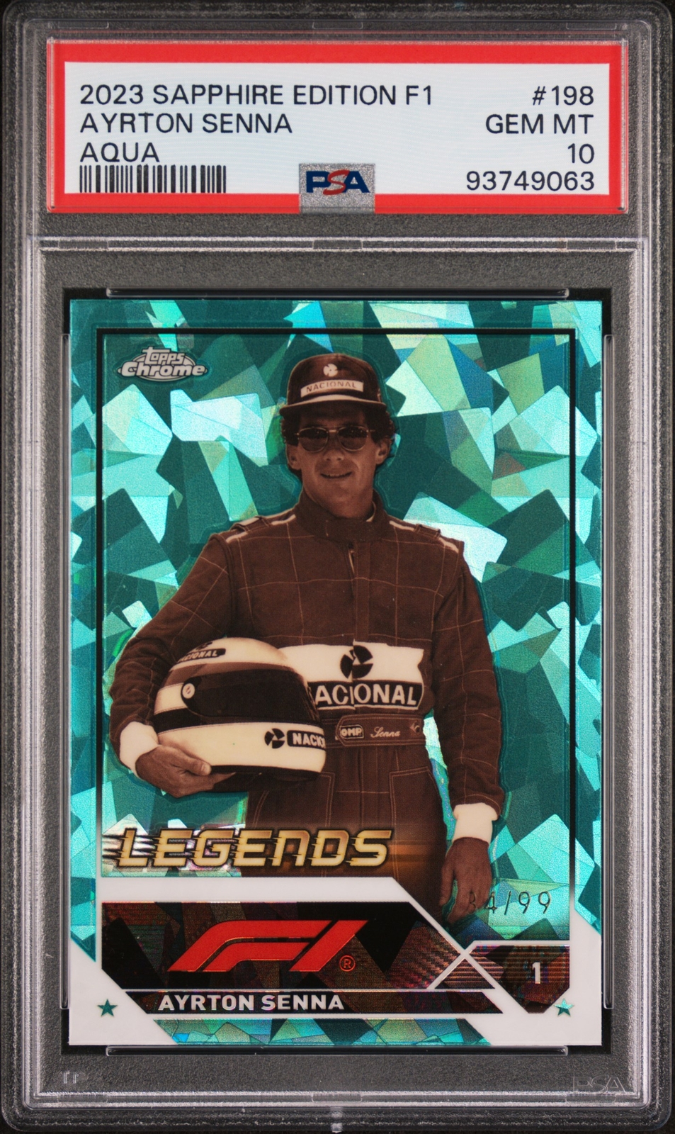 2023 TOPPS CHROME FORMULA 1 SAPPHIRE ED AQUA #198 AYRTON SENNA 34/99 PSA 10