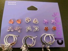 Pierced Earrings 9 Pack Silver Tone Butterflies And Flowers Mixed Set