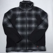 Woolrich Mens L Black Gray Plaid Hybrid Softshell Coat Wool Blend Fleece Lined