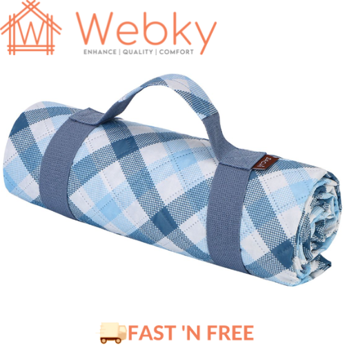 Sachi Reusable Picnic Rug Outdoor Blanket Mat w/ Carry Handle, Gingham Blue/Grey - Picture 1 of 6