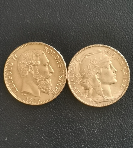 lot 20 Francs or ♦ Belgique leopold II 1875 et coq France 1907 SUPERBE - 第 1/2 張圖片