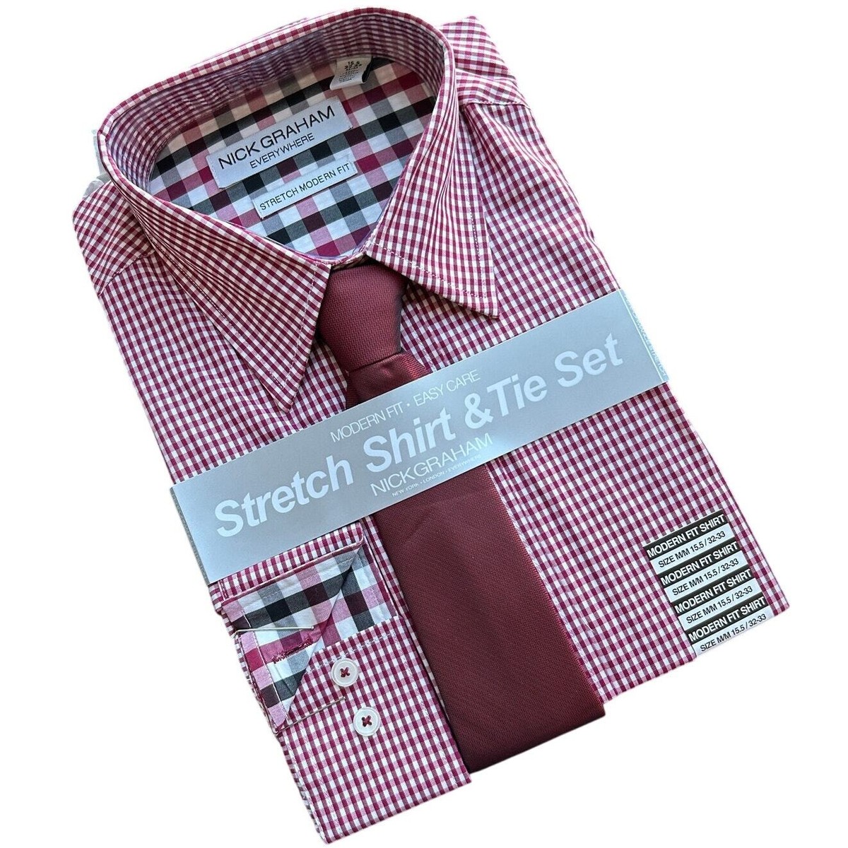 Nick Graham Mens Dress Shirt Tie SET Stretch MODERN FIT Medium Gingham Red  NWT - Main Image