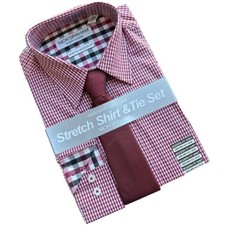 Nick Graham Mens Dress Shirt Tie SET Stretch MODERN FIT Medium Gingham Red NWT