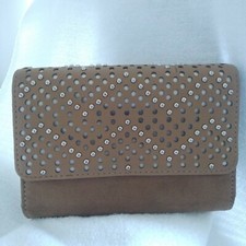 Nine West Tan Clutch Handbag Purse w/ Silver Beads Zig Zag Pattern