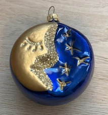 Blue Moon & Stars Glass Ornament Celestial Christmas Vintage Czechoslovakia