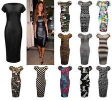 New Ladies Women's Printed Midi Bodycon Dress UK Plus Size 8-26