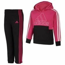 Adidas Girl Kids 2-piece Active Fleece Hoodie Pink Top Black Fleece Pants Size 6