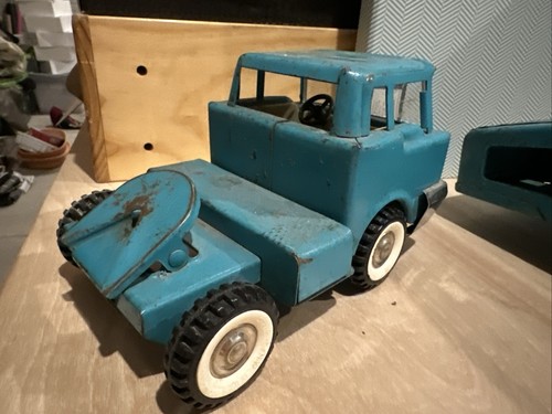 Structo Auto Haul Transport Semi Truck Car Ramp Hauler Trailer 1960s Teal Green - Picture 8 of 11