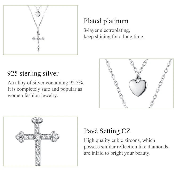 Collar con dije de plata esterlina 100 % Voroco cadena de corazón cruzado para mujer joyería Foto 4 de 4