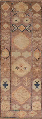 Geometric Brown Wool Handmade Vegetable Dye Oushak Turkish 10 ft Runner Rug 3x10