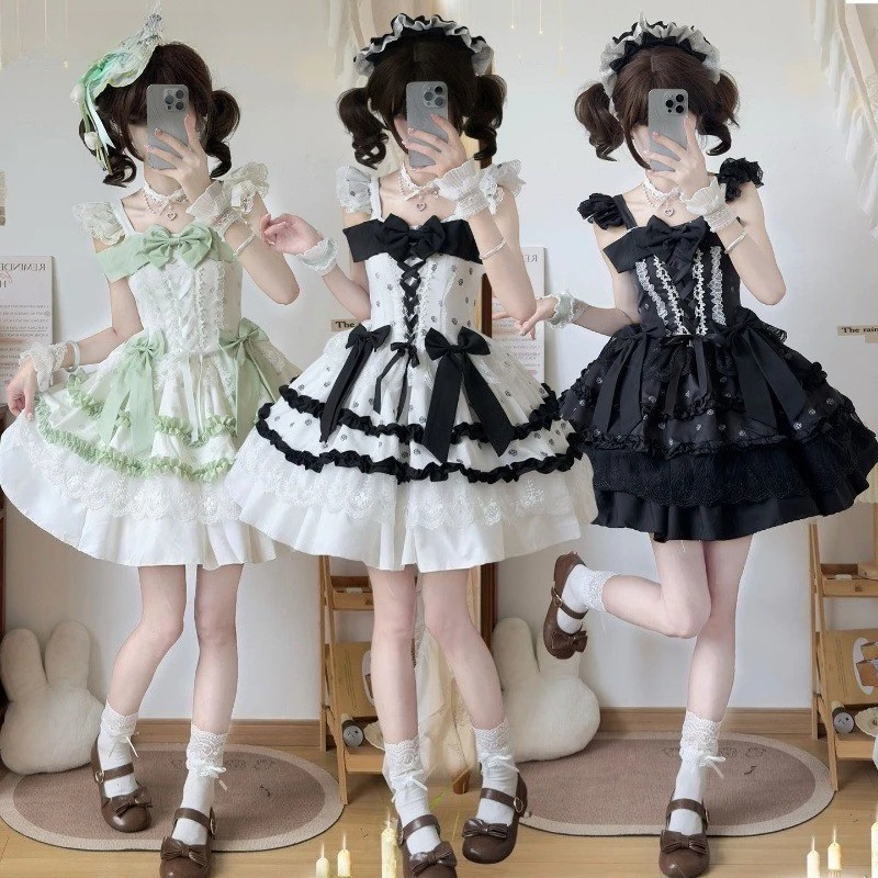Vestido Lolita Gótico Japonés Mujeres Kawaii Encaje Retazos Lazo Fiesta del Té Princesa