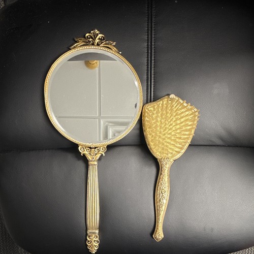 Vintage Ornate Gold Tone Metal Handheld Vanity Mirror & Matching Hair Brush Set