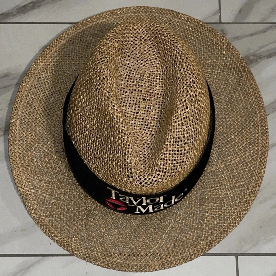 Vintage TaylorMade Straw Golf Hat USA Made Wide Brim Fedora Promo Logo Atexace - Image 2 of 4