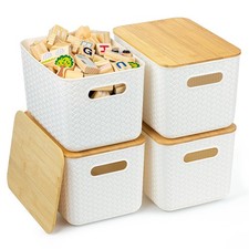 4 Packs Storage Bins with Bamboo Lids - Plastic Storage Containers with Lids ...