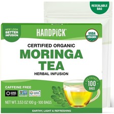 Organic Moringa Tea Bags 100ct | Pure Indian Leaves | Caffeine-Free, Non-GMO
