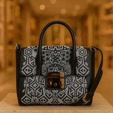 NEW FURLA Metropolis Black/Gray Printed Leather Small Satchel/Shoulder Bag