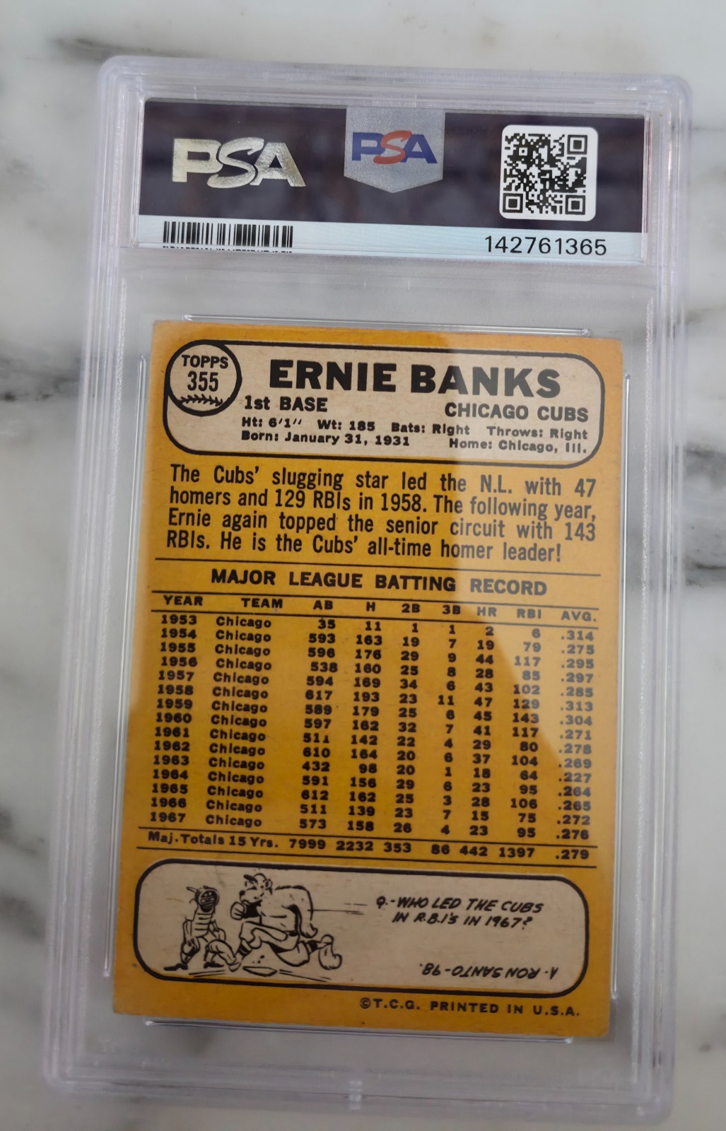 1968 Topps #355 Ernie Banks PSA 1.5 Vintage HOF Baseball Card view 2