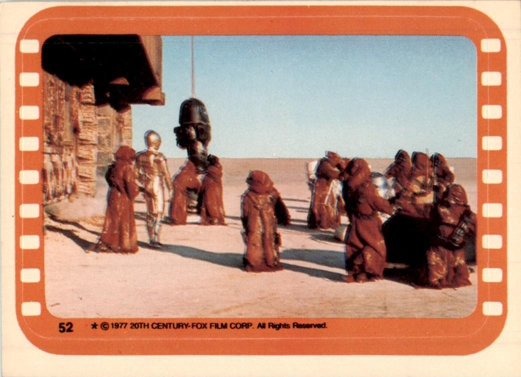 The Jawas ready their new merchandise #52 Star Wars 1977 Topps Stickers trading card — raw and PSA graded price guide
