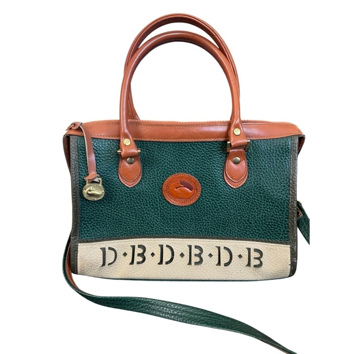 DOONEY&BOURKE　ボストンバッグ　カーキ　ロゴ　本革　横長　ショルダー Dooney & Bourke AWL Satchel Green Tan Leather Crossbody Duck Logo