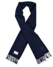 VTG Burberrys Made in ENGLAND Solid Navy Blue Lambswool Fringe Scarf Monogram