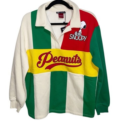 ZARA Peanuts Sweatshirt Womens Small Snoopy Top Graphic Rugby Shirt Striped NWT