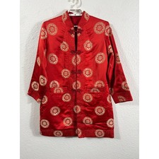 Vintage Womens Red Gold Silk Brocade Chinese Tang Suit Jacket Frog Closure Large