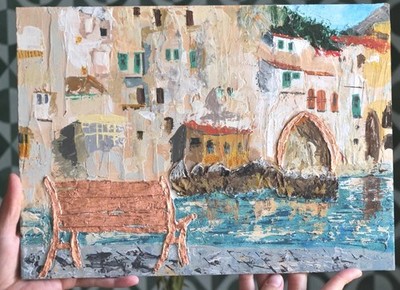 Sicily Cefalu Old Harbor 10x14'' Textured Painting Italy Gold leaf 100% Handmade