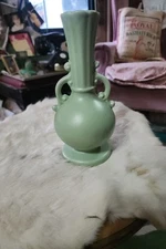 Vintage Green Art Pottery Vase Urn Style Double Handles Matte Finish Mid Century