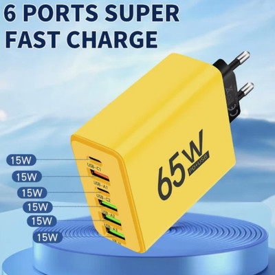 65W USB Ladegerät 6 Port PD Schnellladeadapter Typ-C Wandladegerät EU Stecker